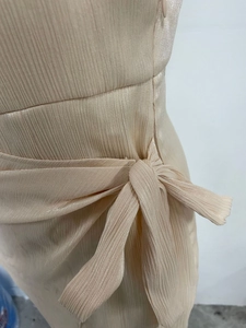 Detailaufnahme von champagnerfarbenem Faltenkleid mit Taillenschleife und Reißverschluss