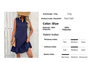 Detail view of navy V-neck sleeveless dress with ruffles and 100% polyester fabric specs