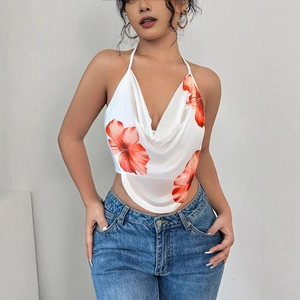 Sexy white halter top with red floral print and deep V-neck for summer vacations