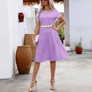 Lavender purple pleated short sleeve A-line dress with white belt for elegant women