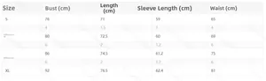 Detailed size guide table for slim fit long sleeve bodysuit showing S to XL measurements