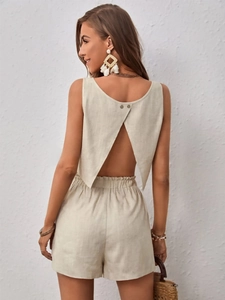 Sleeveless backless crop top and high-waist shorts set in cream linen texture