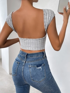 Maglietta da Donna Sexy con Schiena Scoperta in Maglia a Costine Girocollo Slim Manica Corta Crop Top Estate Moda
