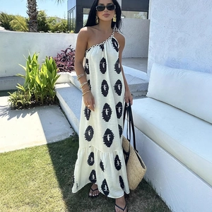 Vestito Lungo Maxi Monospalla Bohemien da Donna Stampa Geometrica Schiena Scoperta Senza Maniche Abito da Spiaggia Elegante Poliestere