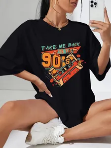 Detail of a black oversized T-shirt with vintage cassette tape graphic and 90's retro text