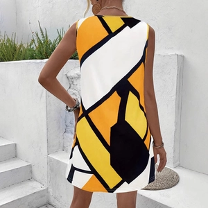 Women's yellow geometric print sleeveless A-line summer vacation midi dress back view