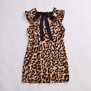 Women Leopard Print Midi Dress Ruffle Flutter Sleeve Bow Tie Back A-Line Summer Casual Holiday Fashion Sleeveless Dress