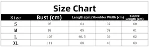 Detailed size chart for floral long sleeve t-shirt with measurements in centimeters