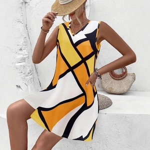 Summer V-neck sleeveless A-line dress with yellow and orange geometric art pattern