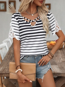 Elegant white striped summer top with lace patchwork sleeves and V-neck hollow design
