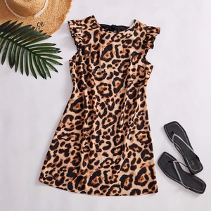 Sleeveless leopard print A-line dress with ruffle sleeves and neck tie closure