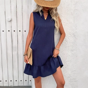Women Sleeveless V Neck Ruffle Hem A-Line Dress Pleated Textured Casual Summer Vacation Midi Sundress Navy White