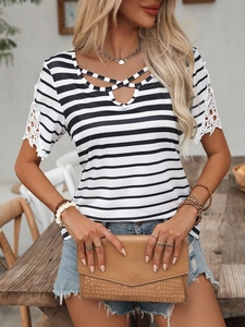 Elegant white striped short sleeve t-shirt with lace sleeves and lace-up neckline detail