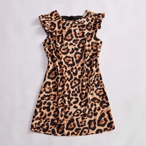 Women's leopard print A-line dress with ruffle sleeves and black bow tie back detail