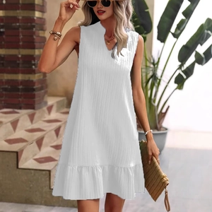 White sleeveless V-neck A-line dress with vertical ribbed texture and ruffled hemline