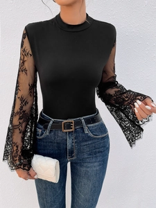 Slim fit black bodysuit with sheer lace flare sleeves and high neckline for women
