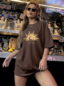 Women Oversized T-Shirt Casual Round Neck Short Sleeve Sun Moon Print Day Dreamer Cotton Blend Streetwear Fashion Top