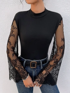 Slim fit black bodysuit for women featuring floral lace long sleeves and a turtleneck