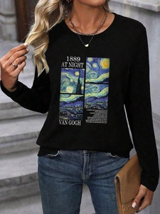 Detailed view of Van Gogh Starry Night print on a black long-sleeve casual sweatshirt