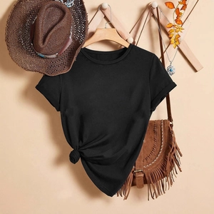 Γυναικείο Casual T-Shirt από Μείγμα Βαμβακιού Στρογγυλή Λαιμόκοψη Κοντό Μανίκι Με Λεπτομέρεια Κόμπου Μονόχρωμο Καλοκαιρινό Τοπ