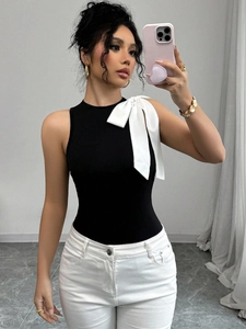 Haut Sans Manches Élégant Coupe Slim Pour Femme Grand Nœud en Satin Épaule Couleur Contrastée Été Fête Débardeur Gilet Mode Vêtement