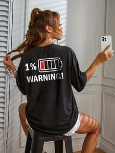 T-Shirt Oversize Décontracté pour Femmes avec Impression 1 Pourcent Warning Batterie Faible Col Rond Manches Courtes Streetwear Loose Fit