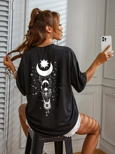 Women Cotton Blend Oversized T-Shirt Celestial Sun Moon Star Print Drop Shoulder Round Neck Casual Streetwear Top