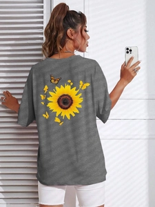Women's dark gray loose T-shirt with sunflower and butterfly print on the back