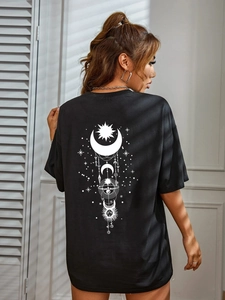 Loose fit black cotton T-shirt with celestial back print showing sun and moon motifs