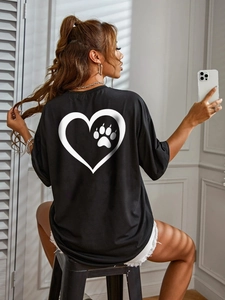Maglietta da Donna Oversize in Misto Cotone Casual Girocollo Manica Corta Stampa Cuore Zampa sul Retro Streetwear Moda Top
