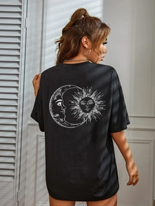 Black oversized round neck T-shirt featuring a bohemian sun and moon back print