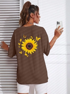 Deep brown oversized short sleeve T-shirt with sunflower and butterfly prints on the back