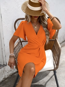 Elegant bright orange V-neck wrap dress with ruffle sleeves and pleated waist detail