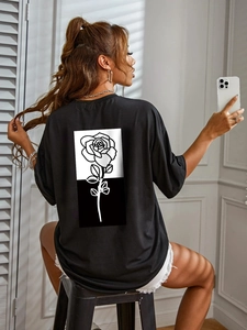 Women Casual Oversized Black Short Sleeve T-Shirt Back Rose Flower Print Streetwear Round Neck Cotton Blend Top