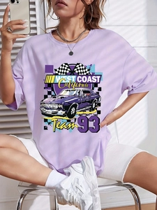 Detail of lavender cotton T-shirt featuring retro West Coast California Team 93 racing print