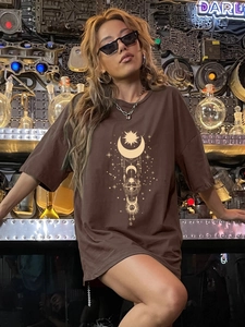 T-Shirt Décontracté Oversize pour Femmes Col Rond Manches Courtes Imprimé Céleste Soleil Lune Étoile Mélange de Coton Top Mode