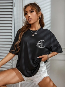 Women's casual loose black t-shirt featuring moon and sun line art print on chest