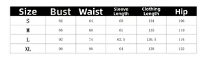 Detailed size chart for elegant solid color long sleeve wide leg jumpsuit in S-XL