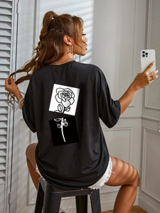 Women's Casual Oversized T-Shirt Crew Neck Short Sleeve Rose Graphic Print Streetwear Cotton Blend Tee Loose Top Black
