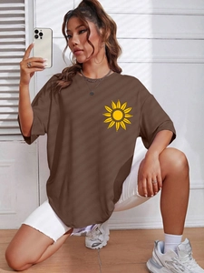 Maglietta da Donna Casual Oversized Girocollo Manica Corta Stampa Girasole Luna Misto Cotone Allentata Streetwear Top
