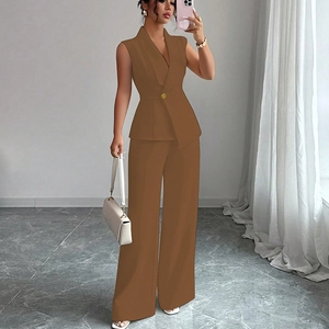 Elegant brown two-piece set featuring a sleeveless vest with golden button and wide-leg pants