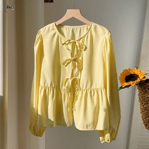 Chemisier Décontracté à Rayures pour Femmes Manches Longues Avec Nœud Papillon Col Rond Ourlet Peplum Top Élégant pour Automne