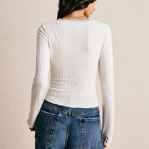Slim fit long sleeve white T-shirt for women with lace V-neck and wavy texture back view