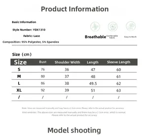 Tableau des tailles pour haut en dentelle YDX1310 avec mesures détaillées du S au XL
