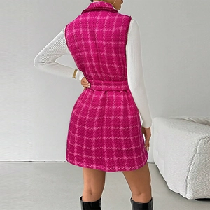 Women's fuchsia plaid sleeveless long vest with matching belt shown from back view