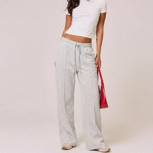 Women's High Waist Wide Leg Casual Pants Loose Drawstring Sweatpants Vertical Seam Sporty Trousers Heather Grey Bottoms