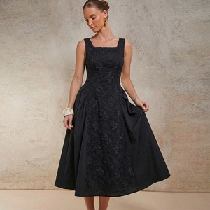 French Elegant Black Midi Dress Sleeveless Square Neck Floral Embossed A-Line Retro Party Women Clothing Dress