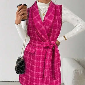 Women's fuchsia plaid tweed long vest with waist belt and lapel collar, 45-degree view