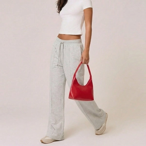 Women's light grey high waist wide leg sweatpants with drawstring and seam detail