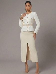 Detail of tweed jacket with gold buttons and high-waist split skirt fashion set